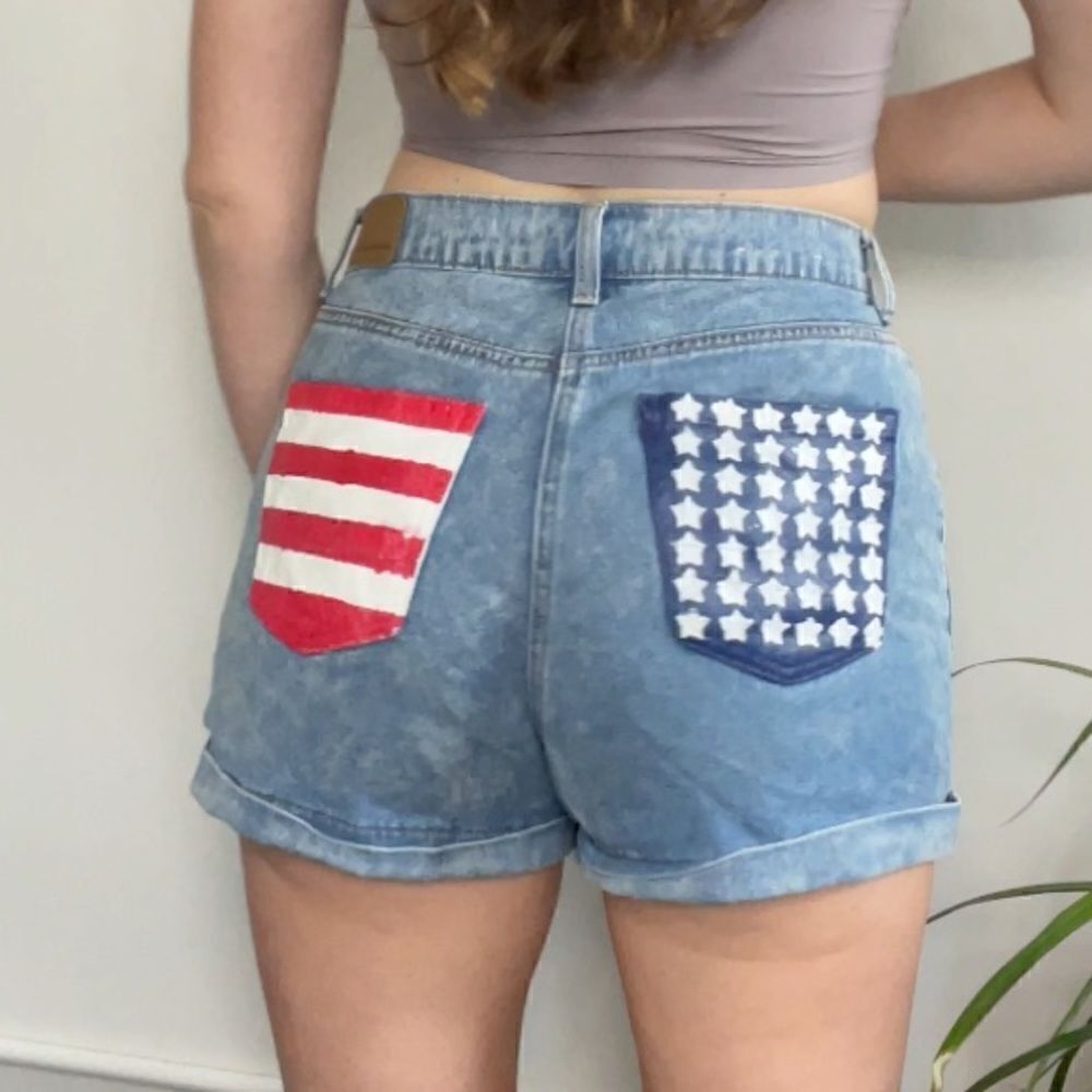 Hand Painted American Flag High Waist Denim Shorts 2 - Picture 3 of 12